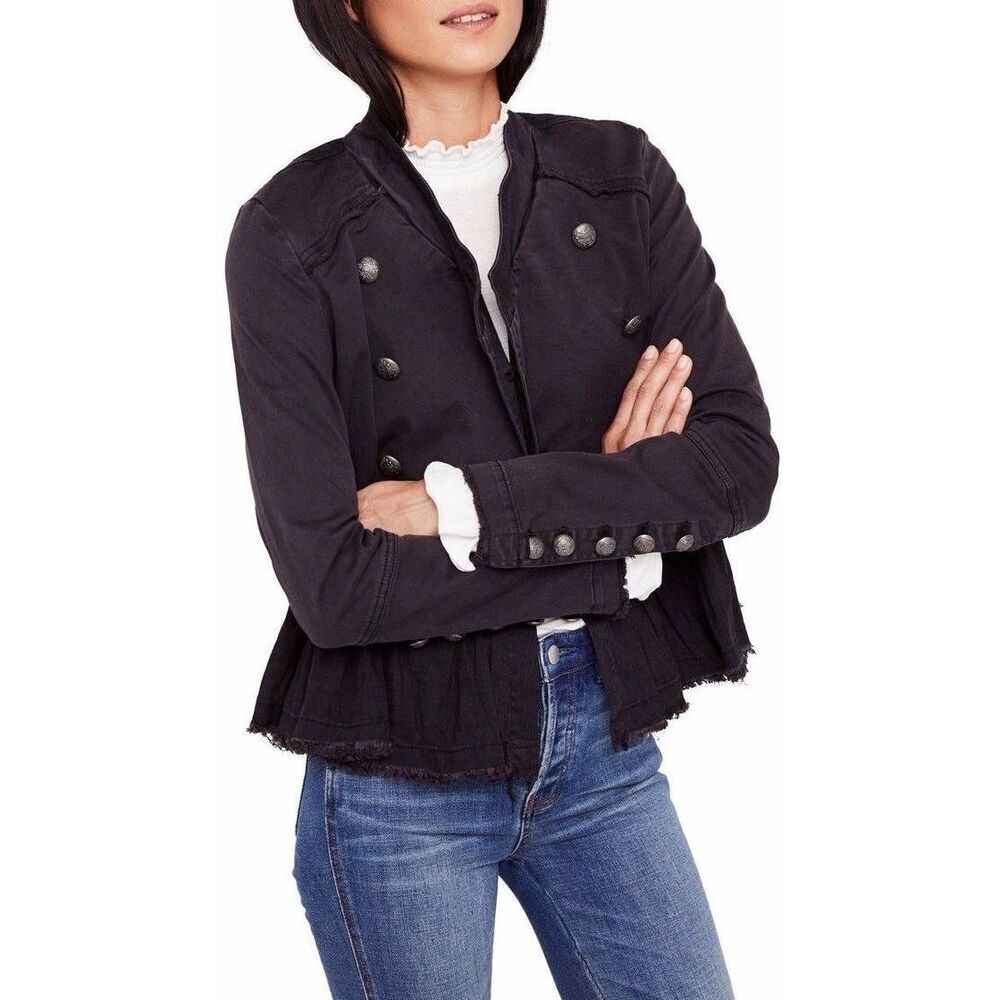 Free People Military Ruffle Hem Jacket Womens SZ M Cotton Grey